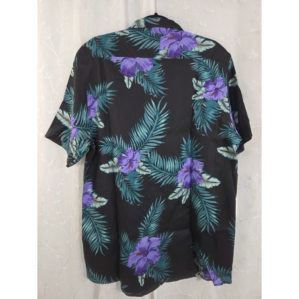 Primark Slim Fit Black Hawaiian Button Short Sleeve Shirt 2XL Purple Hibiscus - Picture 2 of 10
